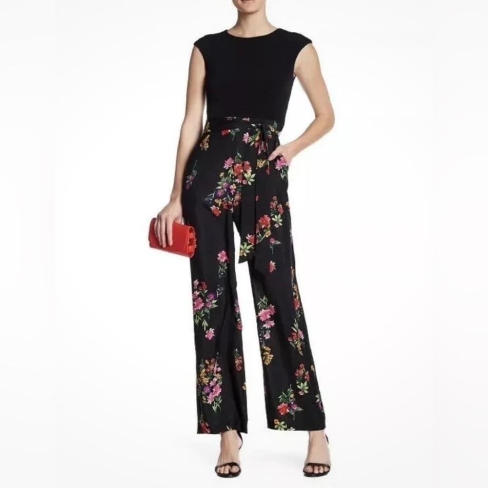VINCE CAMUTO BLACK TOP FLORAL PRINT WIDE LEG PANTS ELEGANT WOMENS JUMPSUIT 0
